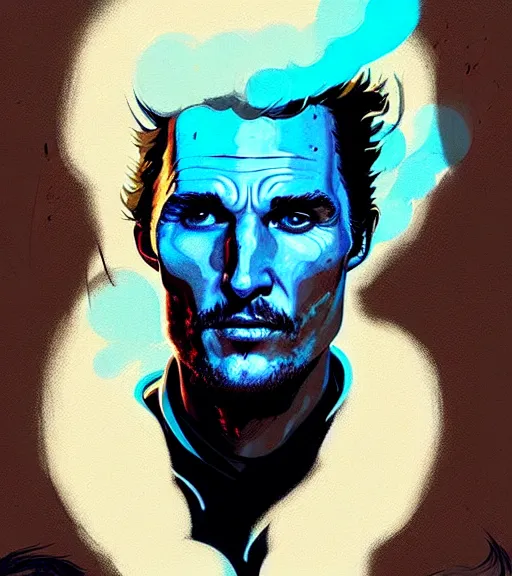 Image similar to portrait of beautiful warrior matthew mcconaughey, by atey ghailan, by greg rutkowski, by greg tocchini, by james gilleard, by joe fenton, by kaethe butcher, dynamic lighting, gradient light blue, brown, blonde cream and white color scheme, grunge aesthetic