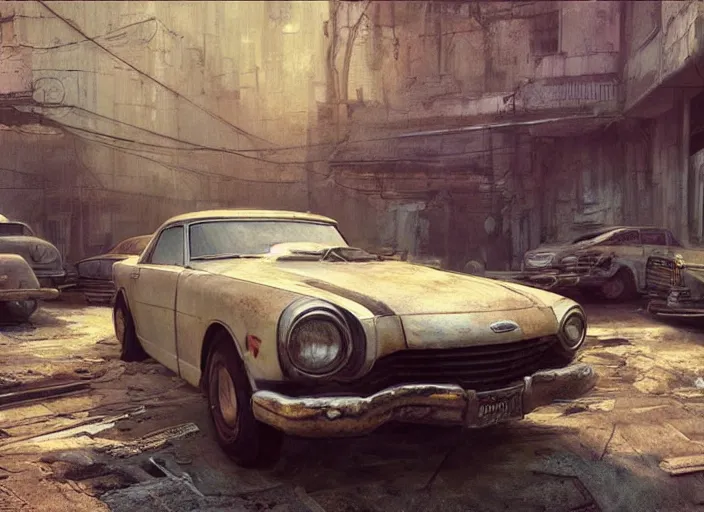 Image similar to an old retro car in a ruined penthouse, painting by craig mullins, octane rendering, soft morning lighting, wide angle lens, in the style of hayao miyazaki, trending on artstation,