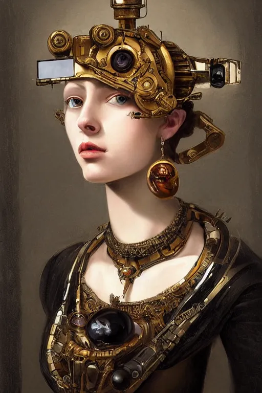 Prompt: portrait, headshot, digital painting, of a 17th century, beautiful automaton cyborg merchant girl, Borgia, dark hair, amber jewels, baroque, ornate clothing, scifi, futuristic, realistic, hyperdetailed, underexposed, chiaroscuro, concept art, art by waterhouse and caravaggio