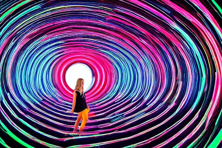 Image similar to A photograph of a female standing in a spiral shape interior space with an arched door glowing white at the end, neon colors,F3.5,ISO640,18mm,1/60,Canon EOS 90D.