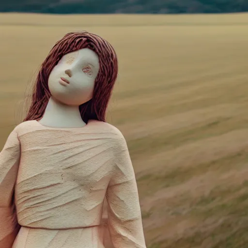 Image similar to a girl made out of clay surrounded by a biomorphic clouds in rolling hills, 5 0 mm lens, f 1. 4, sharp focus, ethereal, emotionally evoking, head in focus, volumetric lighting, 8 k