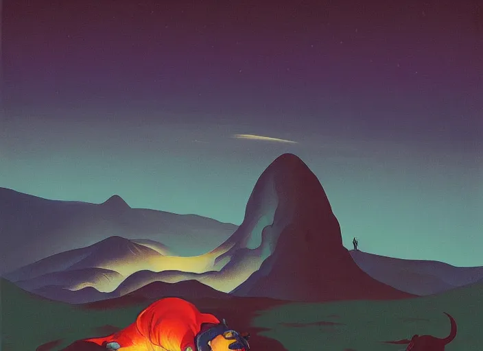 Image similar to isometric painting of a cow devouring a human, black mountains, rhads, dark atmosphere, fire, edward hopper, tristan eaton, victo ngai