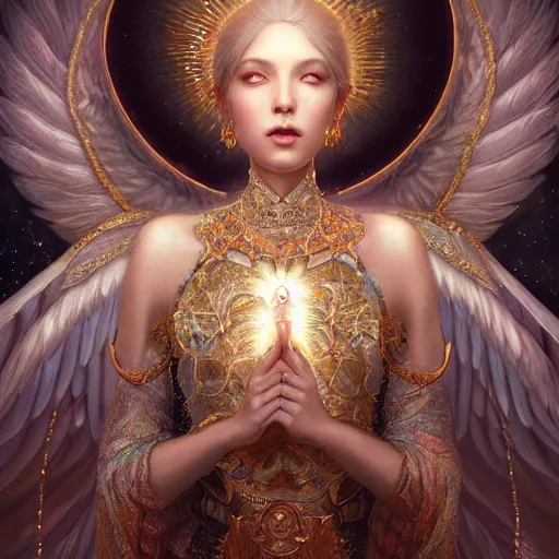 Image similar to A beautiful digital painting of a female Seraphim full of jewels, princess, the moon behind her, intricate, cinematic lighting, highly detailed, digital painting, Artstation, concept art, smooth, sharp focus, illustration, art by Tom Bagshaw, Artgerm and Greg Rutkowski