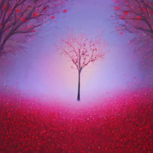 Image similar to trees with valentine heart shaped leaves in pink and red, magical realism beautiful landscape detailed luminescent painting 4 k