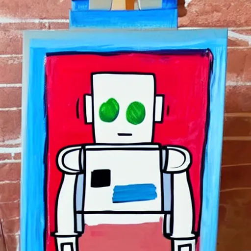 Prompt: A robot with paint at an easel painting but its batteries wore out