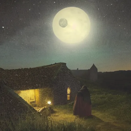 Image similar to bert jansch on the roof of a small medieval cottage, howling at the moon, beautiful nighttime photograph, 4 k