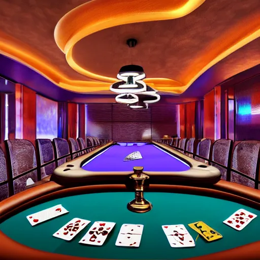 Image similar to futuristic casino, crisp, artistic, artstation, luxury, las vegas, beautiful, large, poker table