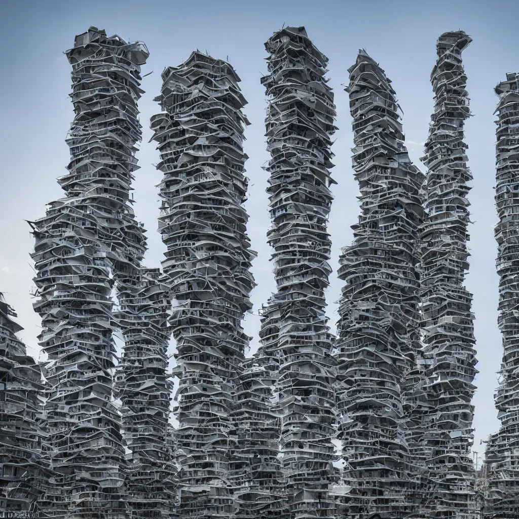 Image similar to a tower made up of makeshift squatter shacks, dystopia, sony a 7 r 3, f 1 1, fully frontal view, photographed by zaha hadid, ultra detailed,