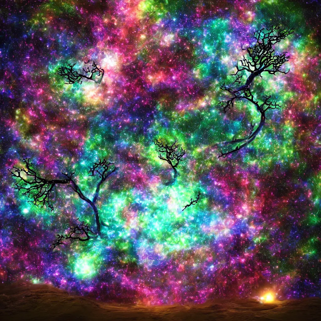 Prompt: Cosmic tree of life, trees, Tree in a galaxy made of stars, space, nebulas stars Dmt Psychedelic cosmos, cosmic, Hallucination, night sky; 8k, artstation, unreal engine, octane render, hdr, surrealistic, hyperrealism, glow, photorealistic, volumetric lighting, Dreamy, dynamic, mystical