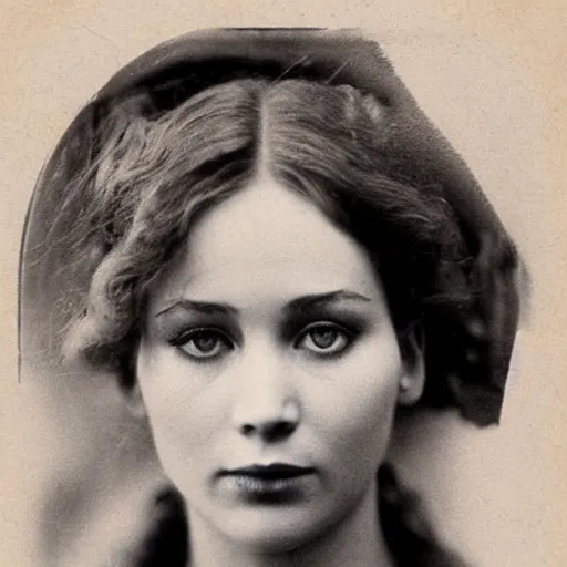 Image similar to victorian photograph of grace jennifer lawrence, lilly collins, 1 8 9 0 s photography, 1 9 0 0, realistic face, symmetrical face, studio photograph, grainy, edwardian, old photo