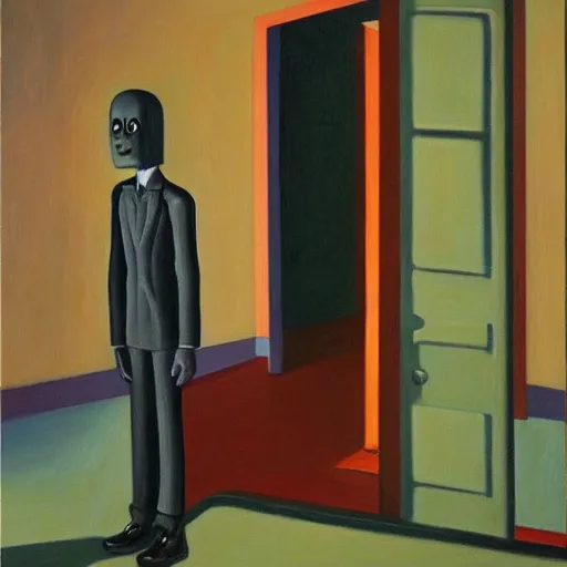 Prompt: slenderman, lurking in the shadows, mind control, dystopian, pj crook, edward hopper, oil on canvas
