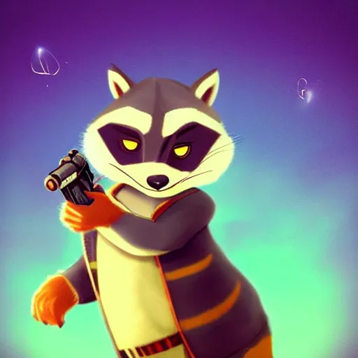 Image similar to “ racoon in the style of zootopia holding laser gun, floating alone, with a black background, digital art, award winning, trending on art station, retro style ”