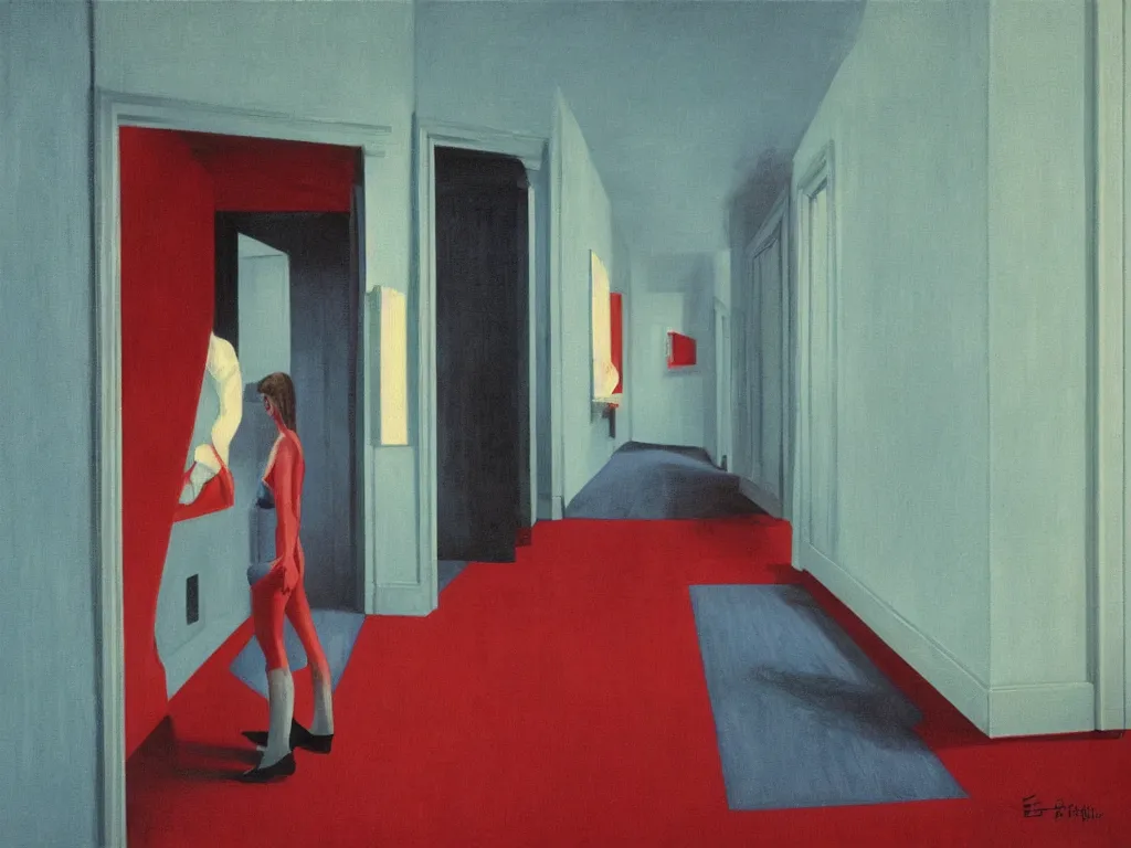 Prompt: the shinning hotel hallway, red carpet flooring, light blue walls, 70s, americana vibrant colors, dim, dark, lone scary silhouette in the distance, cinematic, ultra view angle view, realistic detailed painting by edward hopper