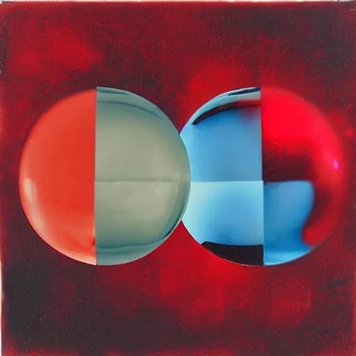 Prompt: chrome spheres on a red cube, cyanotype