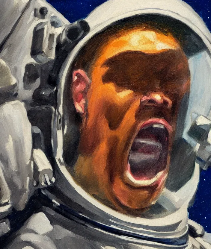 Image similar to a close up portrait painting of a man in an astronaut suit, screaming and sad, highly detailed, close up, aesthetic stars in the background, in the style of edward hopper, fine brush strokes, 4 k,