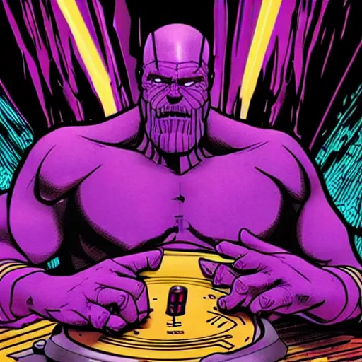 Prompt: thanos is a d. j. spinning records at an off the hook basement party, listening to d. j. jazzy jeff, red solo cups and people partying