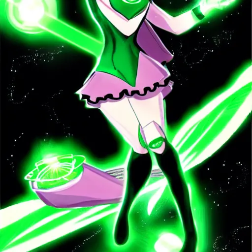 Prompt: Illustration of Green Lantern as a Magical Girl, green sailor uniform, anime, concept art, superheroine, shojo