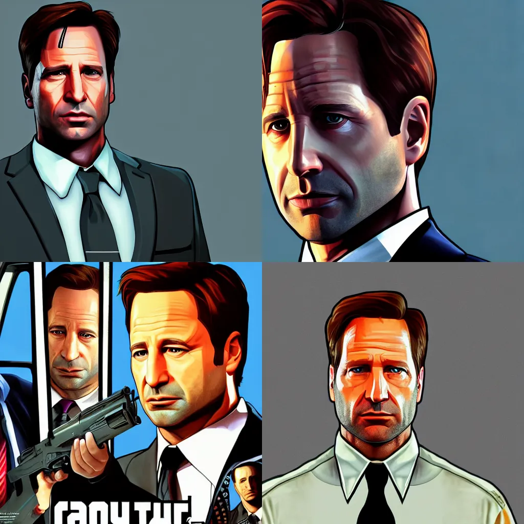 Prompt: agent fox mulder in grand theft auto 5 art style, epic, 4 k resolution, extremely detailed, very sharp, artstation, digital art, vibrant,