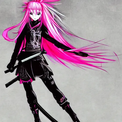 Image similar to An anime girl with pink hair, holding a katana, in samurai outfit, drawn by Yoji Shinkawa, highly detailed, trending on art station, sci-fi themed, dynamic posing