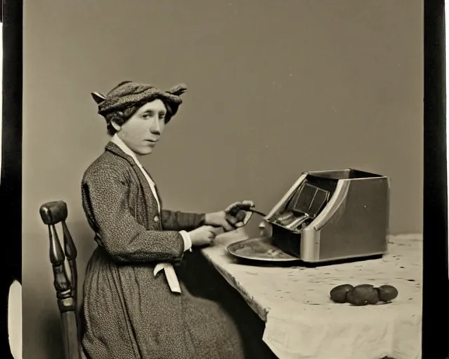 Image similar to an early 1800s photo of someone sitting at a computer making a donut in blender3d