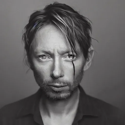 Prompt: thom yorke singer songwriter 2 0 0 1, ultrafine detail, hyper realistic face, beautiful eyes, chiaroscuro, associated press photo