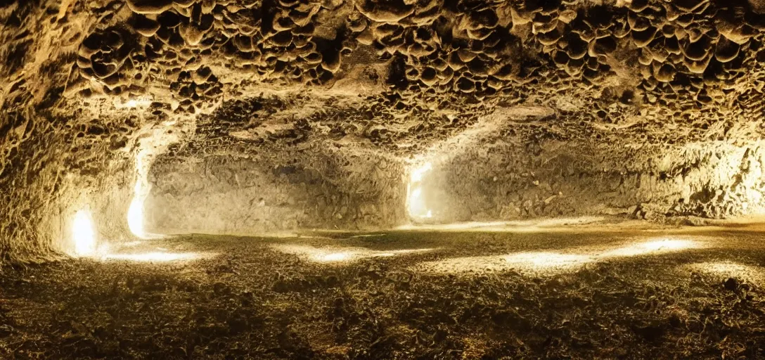 Prompt: large city in underground large cave, vines, god rays shot from far away
