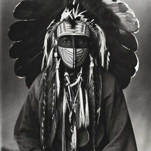 Image similar to vintage photo of a native american hopi shaman with a mask by edward s curtis, photo journalism, photography, cinematic, national geographic photoshoot