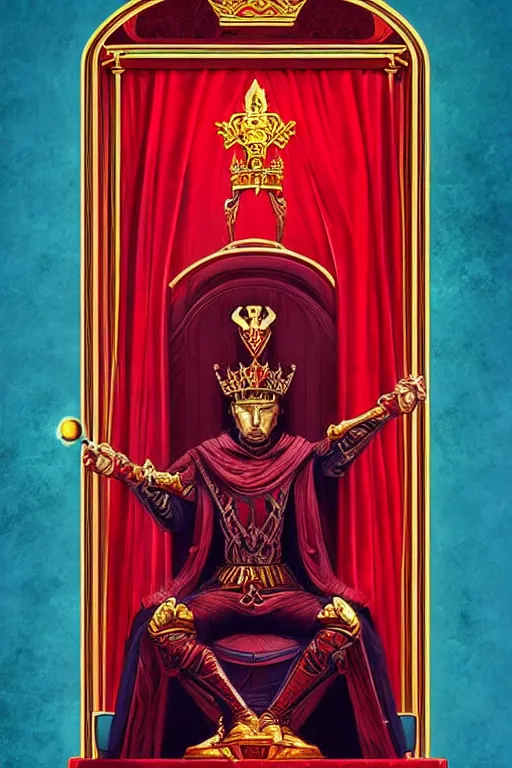 Image similar to the emperor tarot card, the crowned embodiment of male power holding the symbol of his power sits on a lavish red throne ruling with wisdom and care, 8 k resolution digital painting, by alena aenami, by michael whelan, behance hd, trending on artstation deviantart