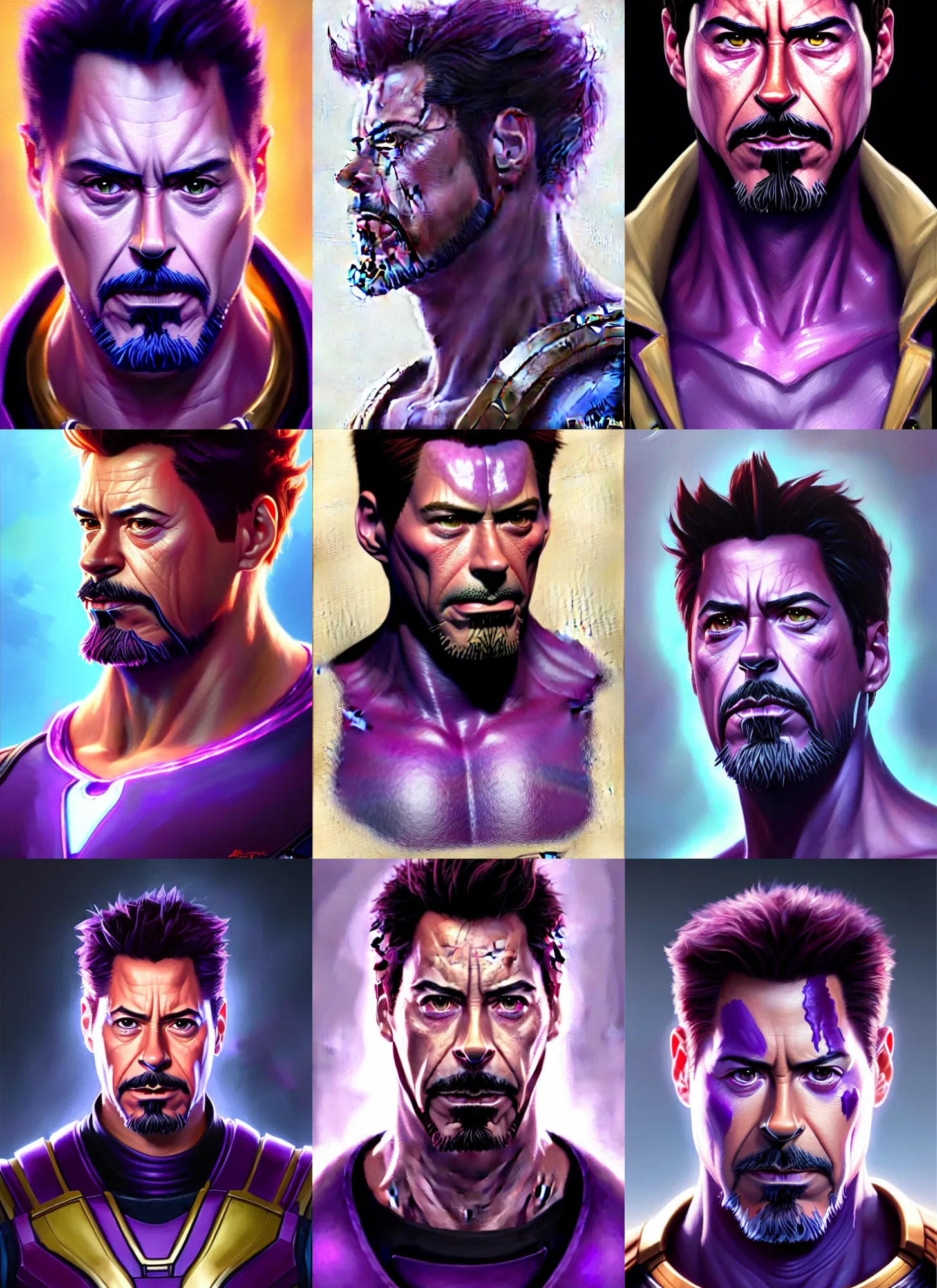 Prompt: a fantasy style portrait painting of tony stark with purple skin, powerful chin, thanos style traits, painting, unreal 5, daz., rpg, portrait, extremely detailed, artgerm greg rutkowski _ greg