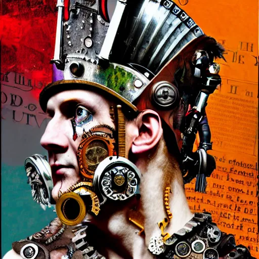 Prompt: steam punk roman julius caesar, contemporary collage, highly detailed, digital painting, 4 k, hdr, punk, fashion, smooth, sharp focus, art by nick knight, sandra chevrier and john hoyland