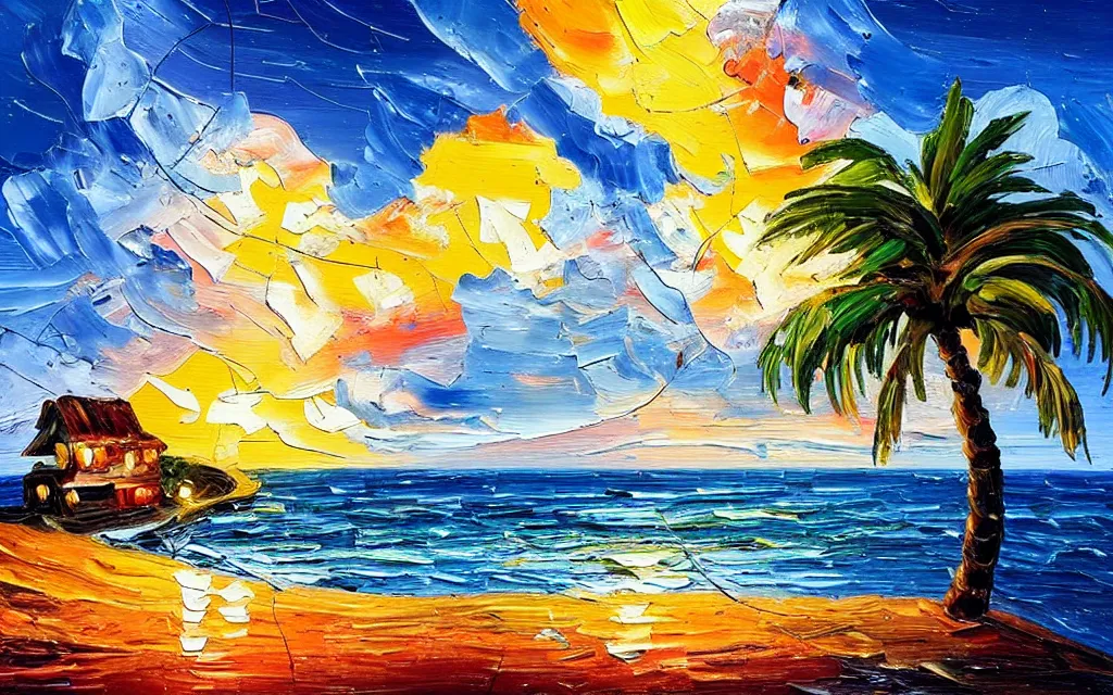 Image similar to in a big sea is a tiny island with a cute cozy cottage on it with a terrace, a paved courtyard with benches and string lights, palm trees, sunset, puffy clouds, dramatic and dynamic lighting, thick brush strokes oil impasto painting