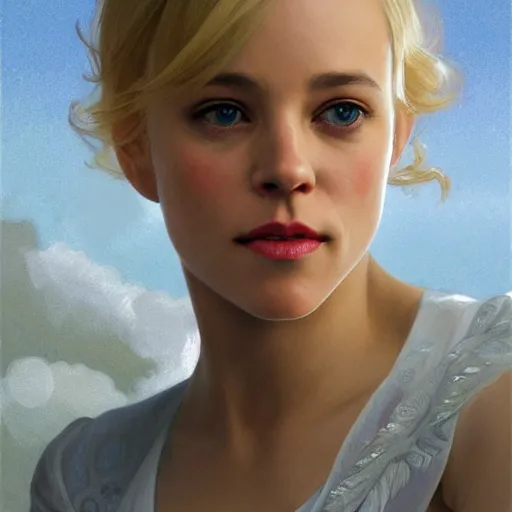 Image similar to Young blonde Rachel McAdams, highly detailed, digital painting, artstation, concept art, smooth, sharp focus, illustration, ArtStation, art by artgerm and greg rutkowski and alphonse mucha and J. C. Leyendecker and Edmund Blair Leighton and Katsuhiro Otomo and Geof Darrow and Phil hale and Ashley wood and Ilya repin and Charlie Bowater