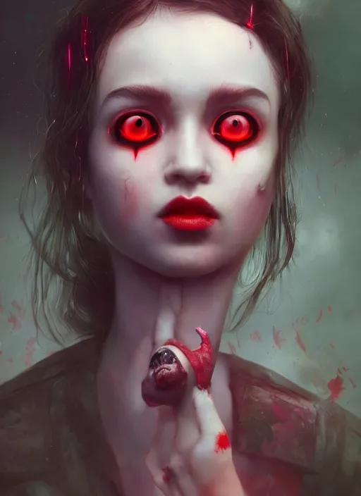 Image similar to profile of sinister girl with pouty aerochrome lips, fungal, adorable, cute bandaid on nose!!, expressive eyes, playful pose of a demon, greg rutkowski, charlie bowater, yuumei, stephen gammell, unreal 5, daz, hyperrealistic, octane render, rpg portrait, dynamic lighting, fantasy art, beautiful face