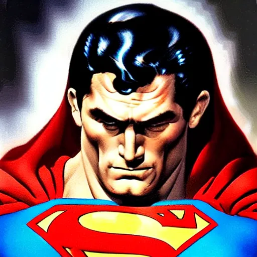 Image similar to an ultra - realistic head and shoulders portrait painting of superman in the style of frank frazetta. 4 k. ultra - realistic. highly detailed. dark fantasy. epic lighting.