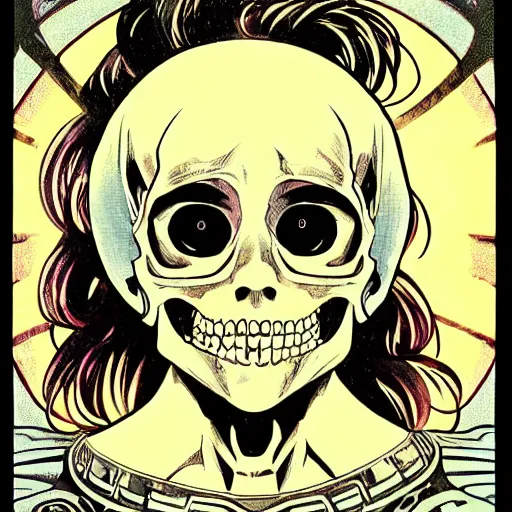 Prompt: anime manga skull portrait girl female skeleton astronaut illustration 80s art frank miller dirko and alphonse mucha pop art nouveau