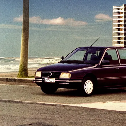 Prompt: vhs footage of a 1995 volvo car parked in the parking lot of a beach