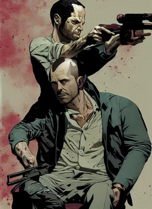 Image similar to poster artwork by Michael Whelan and Tomer Hanuka, a portrait of Max Payne dying from gunshot wounds, clean