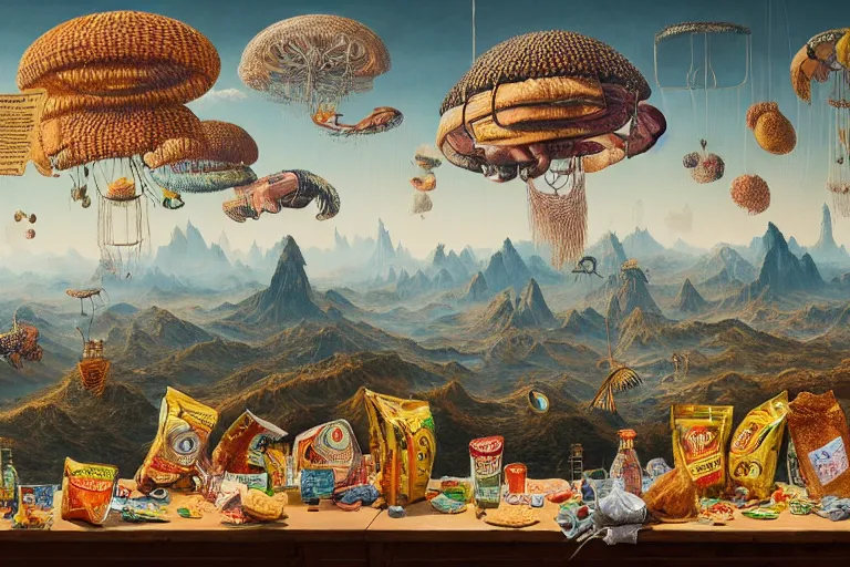 Prompt: a surreal and awe - inspiring bag of crisps on a table, intricate, elegant, highly detailed matte painting by ernst haeckel and simon stalenhag