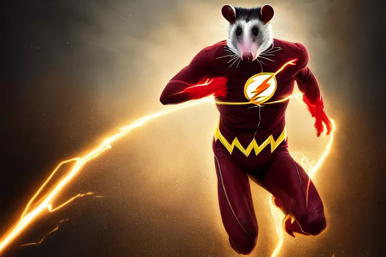 Image similar to a stunning digital painting of a opossum as the flash in spandex costume, running in the speedforce by greg rutkowski, volumetric light, digital art, fine detail, photorealistic