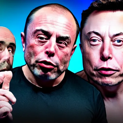 Image similar to joe rogan and elon musk trippy, real life, 8 k, 4 k uhd, realistic, hyper realistic, super detailed, very detailed, detailed