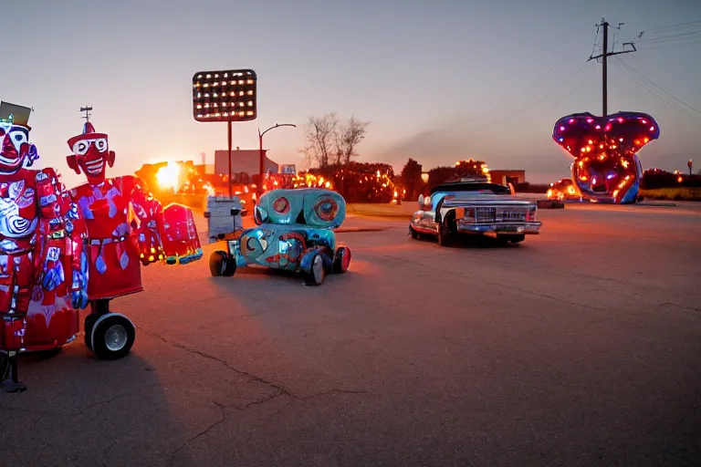 Image similar to 2 0 clowns - robots leaving a clowncar at a california drive in, in 2 0 1 2, cutecore clowncore, bathed in the the glow of the sunset, low - light photograph, in style of tyler mitchell