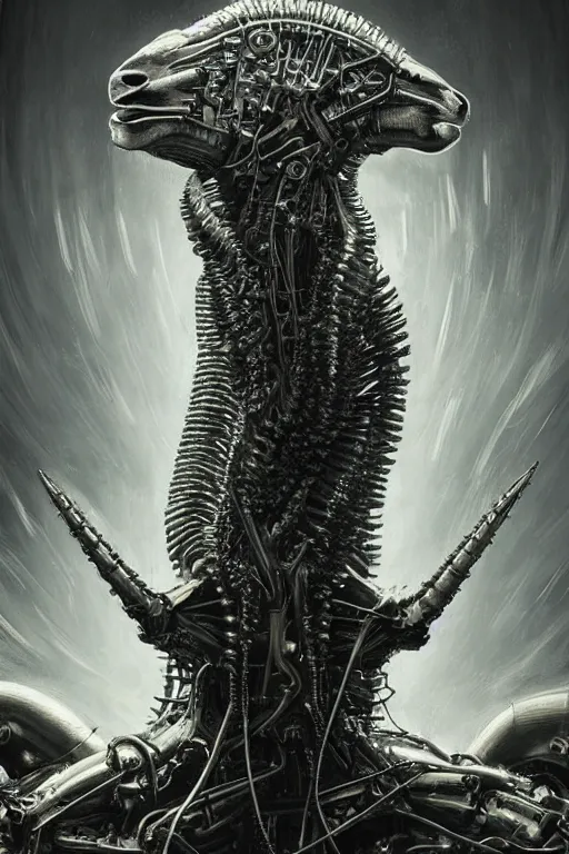 Image similar to H R Giger llama head landscape emanating centered bio mechanical cyborg llama head emerging, Giger background, evangelion beast mode, dramatic dynamic lighting, intricate, very very elegant, hyper detailed fractal interconnected tubes background by giger, digital painting, artstation, megastructure, very hyperrealistic, very very very HR GIGER, very beautiful, concept art, smooth, sharp focus, illustration daily deviation