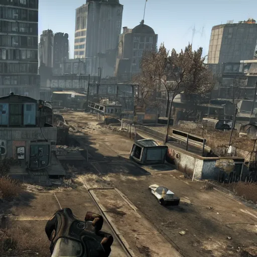 Prompt: Rotterdam in ruins post-nuclear war in Fallout 4, in game screenshot