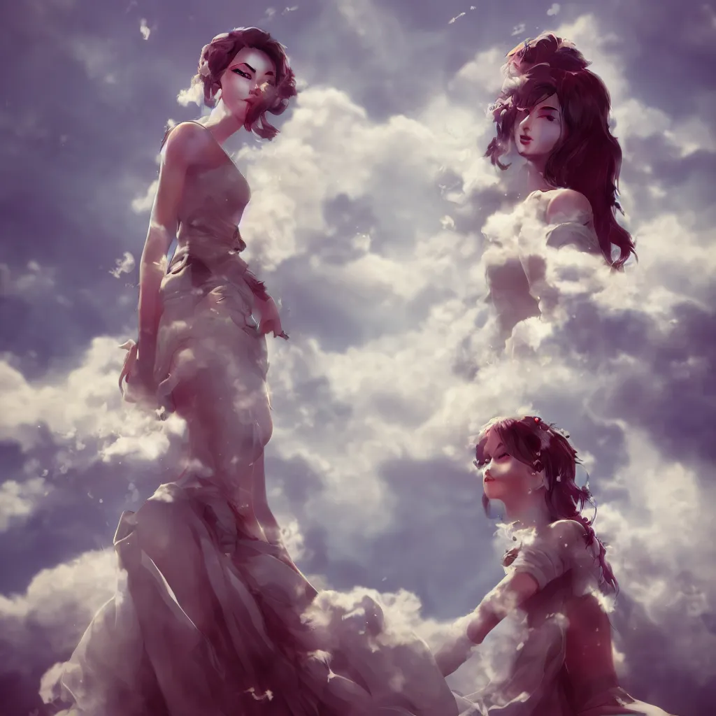 Image similar to beautiful girl in full gown blowing clouds, beautiful portrait, character concept style trending on artstation concept art detailed octane render cinematic photo - realistic 8 k high detailed