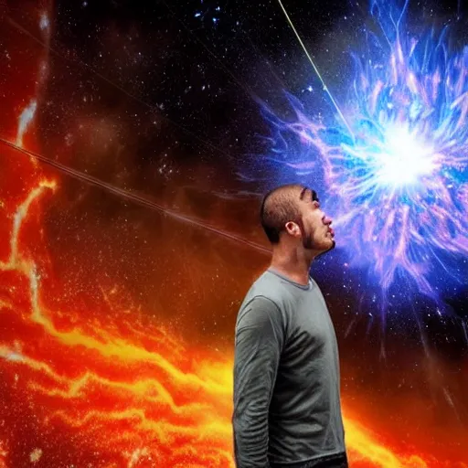 Image similar to man facing an exploding supernova. photorealism. epic.