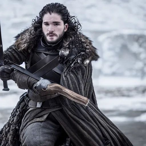Image similar to a still of Jon snow holding a ak47 in game of thrones, 2021 movie footage