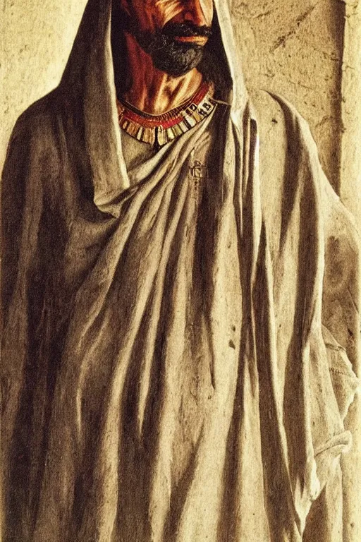 Prompt: a closer personal portrait of a a very old egyptian temple priest with very piercing eyes, very charismatic. in ancient egypt. masterpiece, ciaroscuro. painted by carl larsson