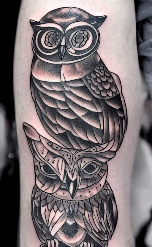 Image similar to a tattoo of an owl in a timeclock, ultra detailed, tattoo, 8 k