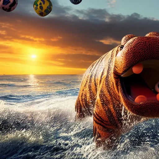 Image similar to a closeup photorealistic photograph of a cute smiling knitted tiger hippopotamus chasing after a beachball during sunset. surf in background. professional capture. this 4 k hd image is trending on artstation, featured on behance, well - rendered, extra crisp, features intricate detail, epic composition and the style of unreal engine.