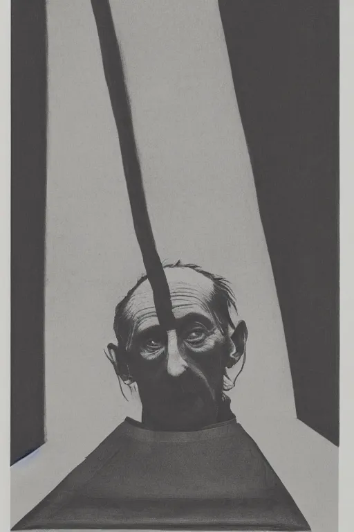 Image similar to a minimalist portrait of Marcel Duchamp connected to an ancient machine in the style of Annie Leibovitz, Irving Penn, Hito Steyerl, Shinya Tsukamoto, Saâdane Afif, Vermeer, David Shrigley, Pieter Hugo line drawing and 35mm film, wide angle, monochrome, futuristic tetsuo